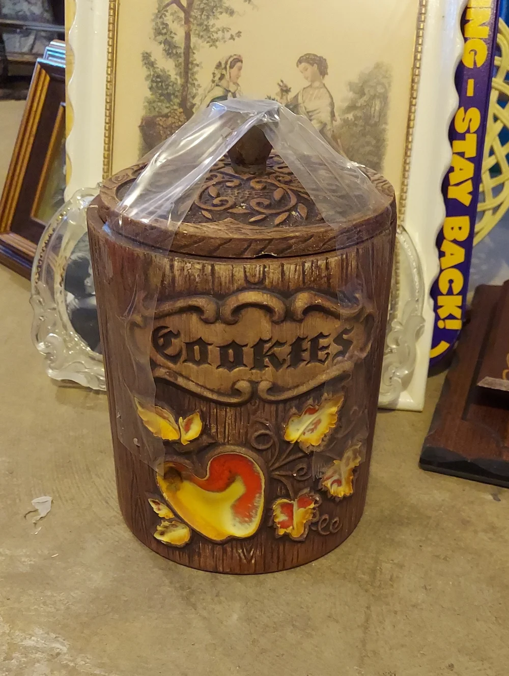 Vintage Brown 'Cookies' Wooden Cookie Jar with Yellow Accent